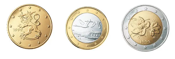 Finlandia | Fińskie monety euro (od lewej): 50 euro centów, 1€ i 2€ Finlandia | Fińskie monety euro (od lewej): 50 euro centów, 1€ i 2€